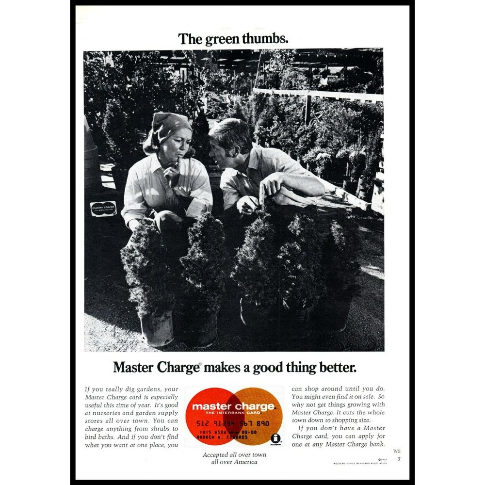1972 Master Charge Credit Card Vintage Print Ad Green Thumbs Gardening Wall Art